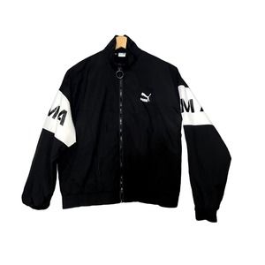 Women Puma Black White Nylon Jacket Zipper Front Large